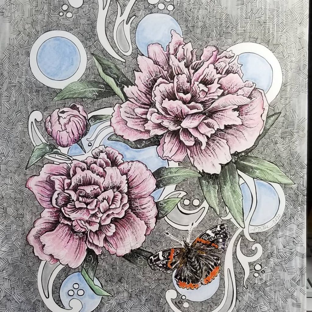 Peonies and Red Admiral - Julie Peterson Shea