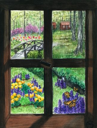 Flower Garden View - Window to Nature - Watercolor (8.5x11)